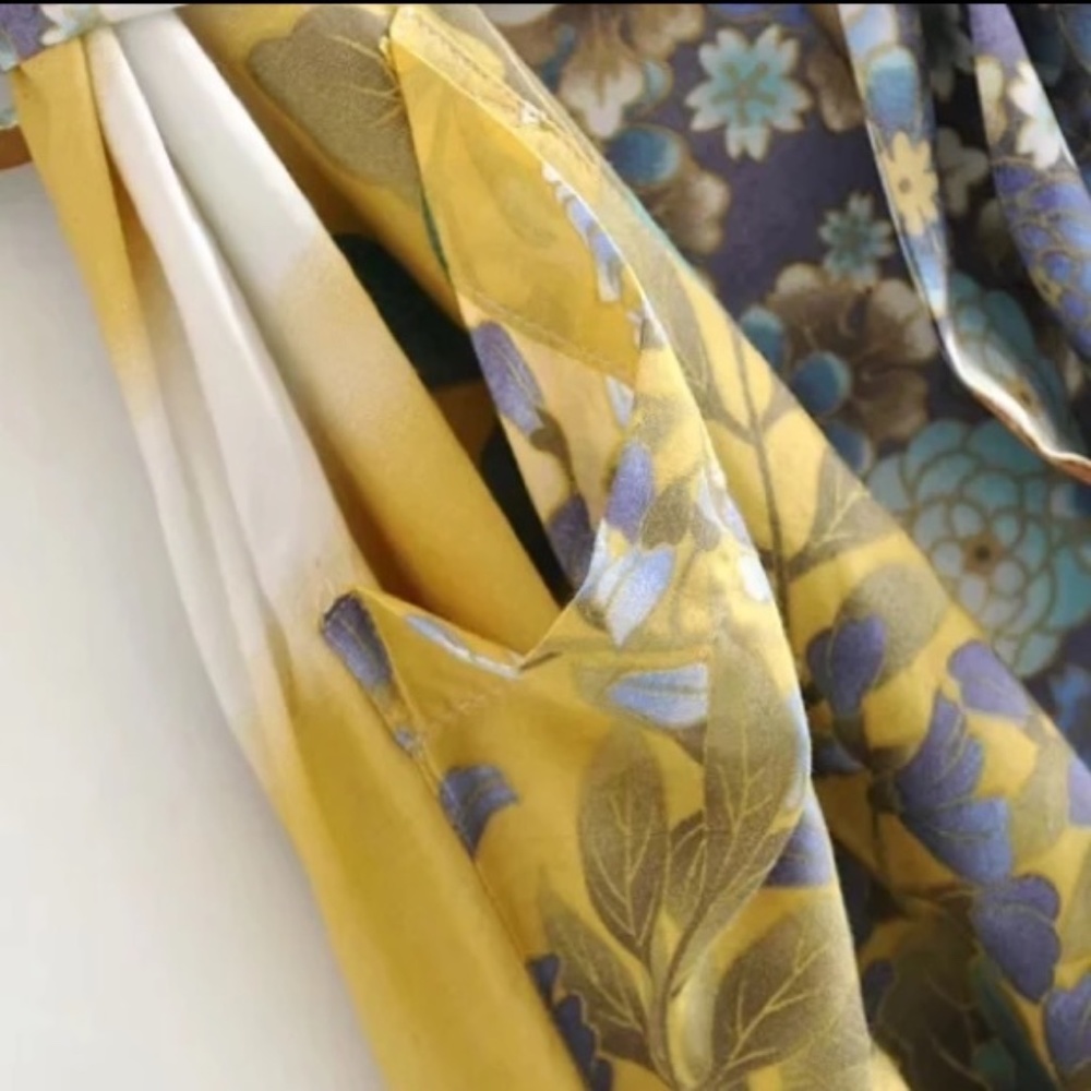 027 Bohemian yellow floral print belted kimono Cover up - Picture 8 of 8